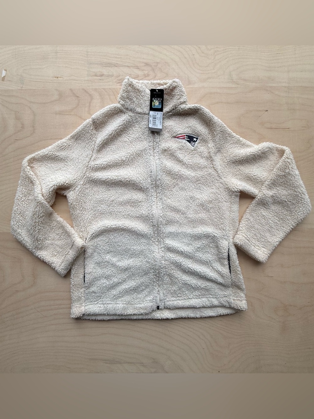 New England Patriots Zip Up Cream Sherpa Fleece Jacket Juniors M 7/9 NWT NFL